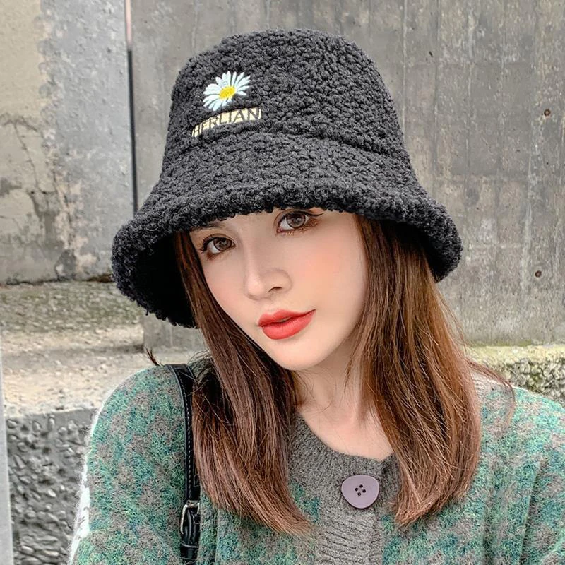 Lamb Faux Bucket Hat Winter Warm Plush Velvet Hats For Women Lady Thicken Bob Panama Outdoor Fisherman Hat Caps