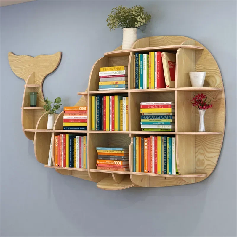 Wood Wall-mounted Rack Partition Storage Shelf Whale Shape Background Cabinet Shelves Home Decorations Wall Library for Books