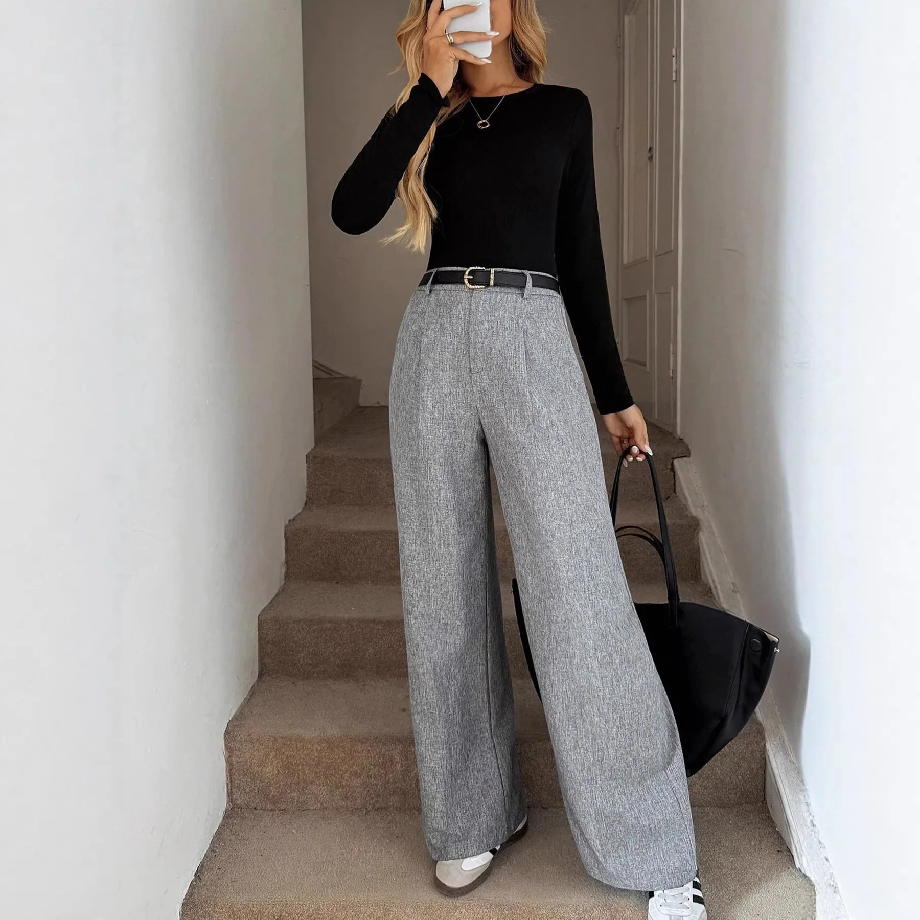 Women's High Waisted Wide Leg Pants Solid Color Loose Straight Leg Casual Trousers for Office Commute
