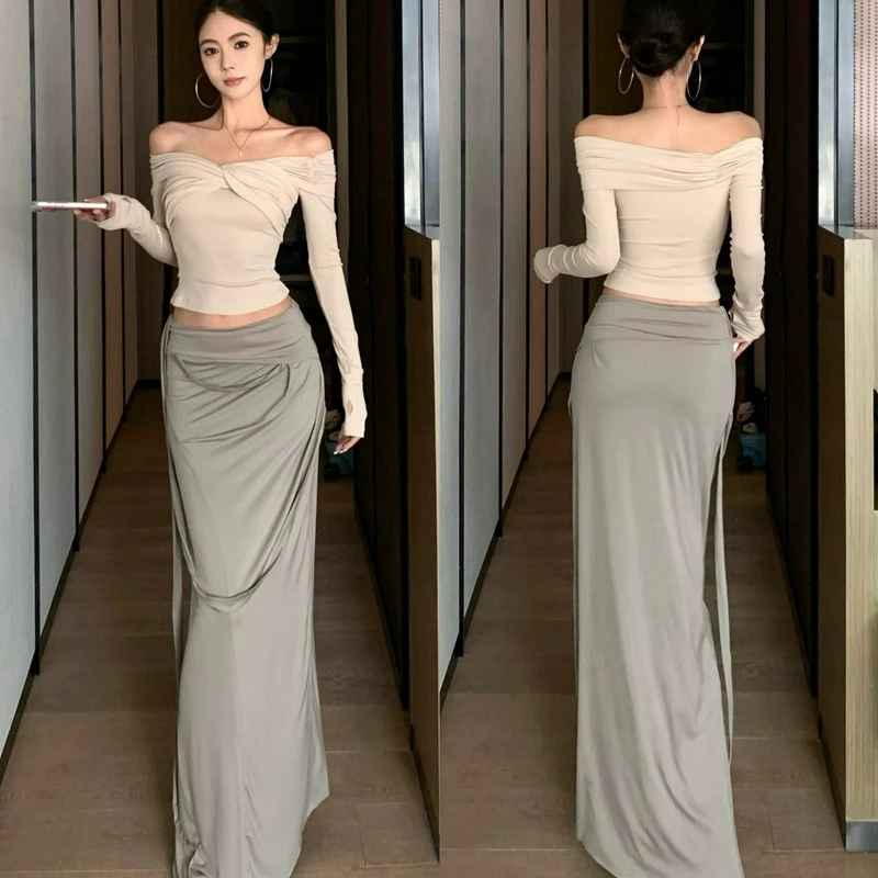 

Новая летняя модная популярная футболка для девочек на одно плечо с завязкой на талии, короткая футболка с длинными рукавами, нерегулярная длинная юбка средней длины, комплект для женщин