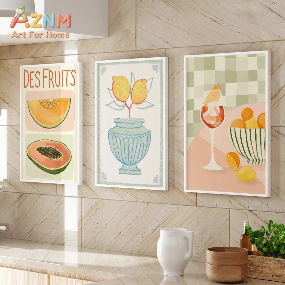 AZNM Colorful Fruit Flower Vase Canvas Wall Art, Fresh Lemon Floral Drink Poster, Cute Kitchen Dining Room Aesthetic Home Decor