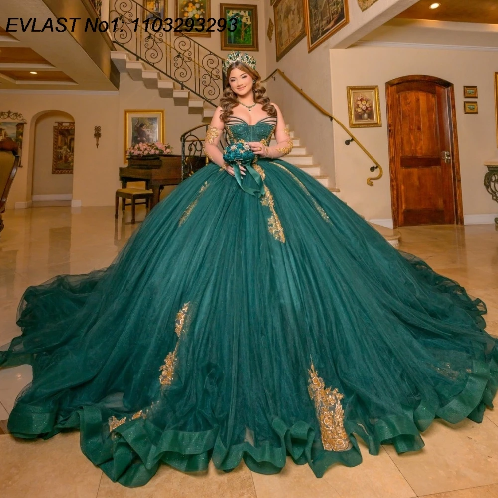 

EVLAST Customized Princess Green Quinceanera Dress Ball Gown Gold Lace Applique Beading Sweet 16 Vestidos De 15 Anos E1QN726