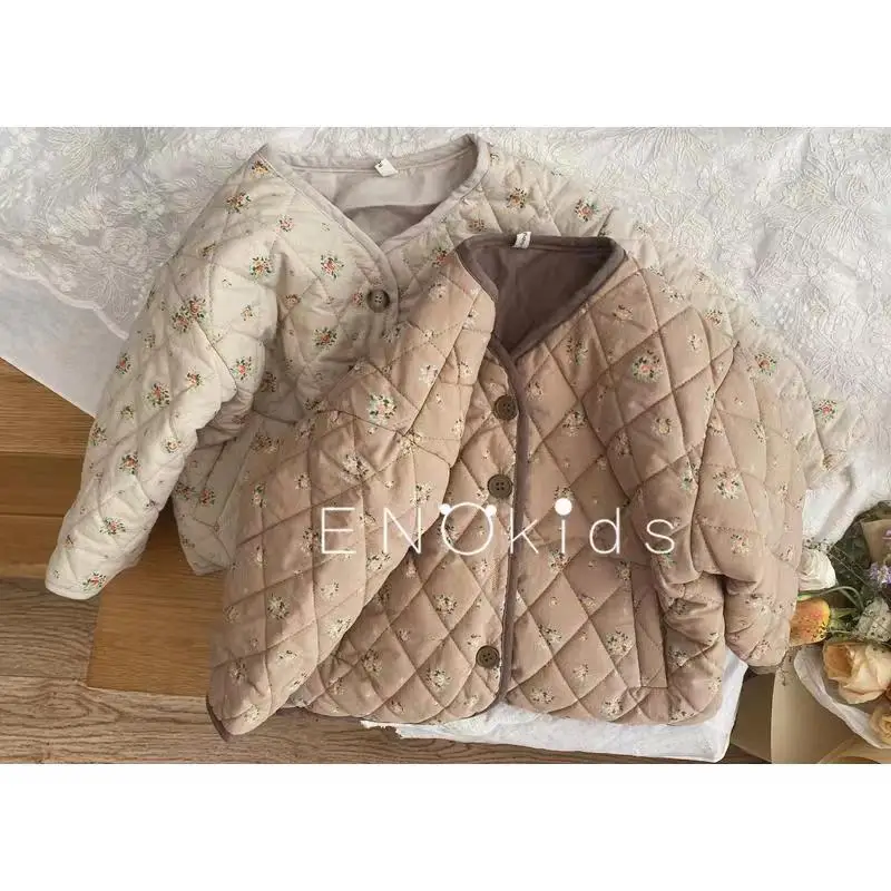 

2023 New Winter Korean Style Kids Clothes Floral Printed Baby Girls Quilting Coats Thicken Warm Children Cotton Padded Outerwear