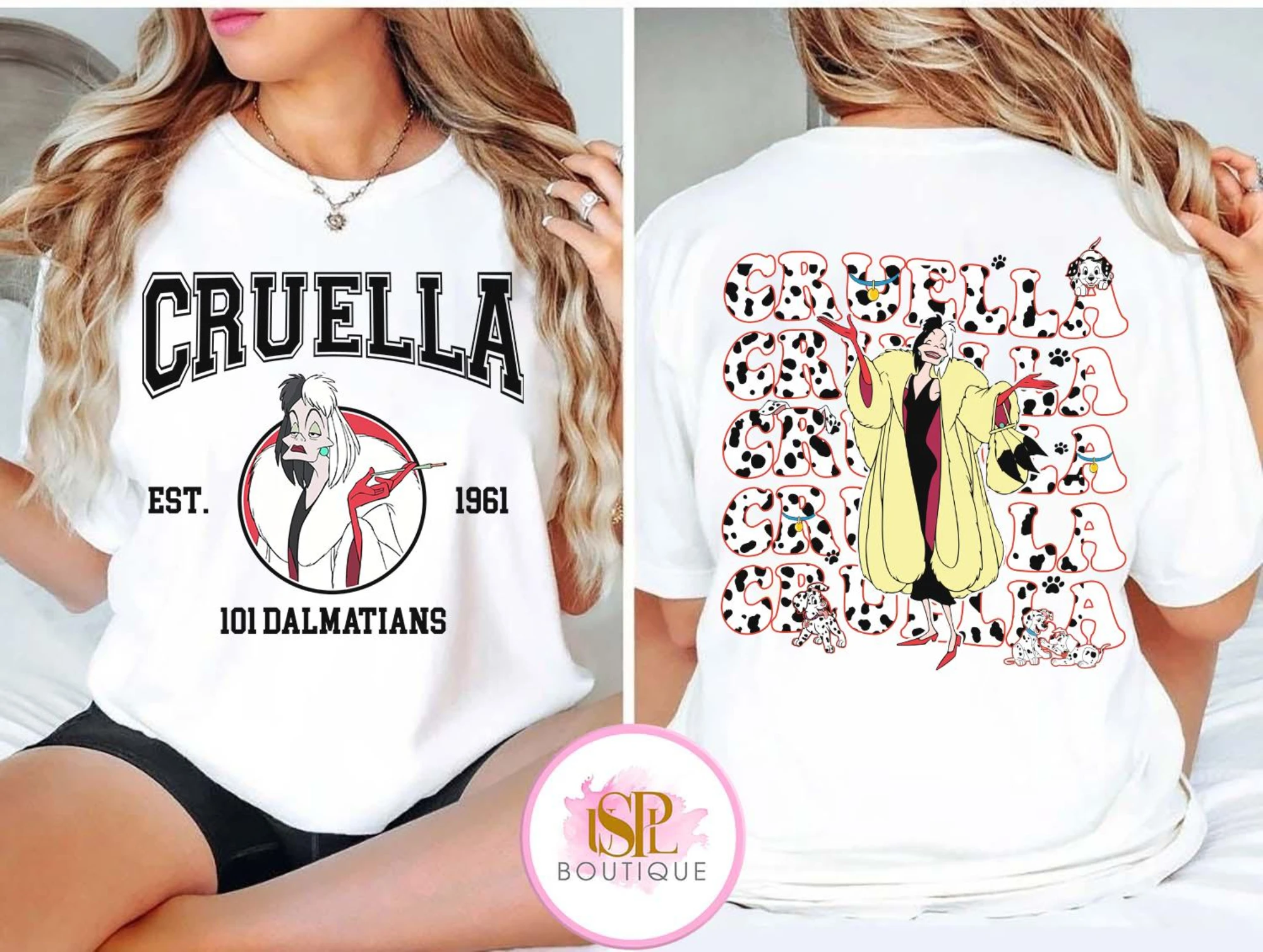 تي شيرت كلاسيكي من Disney Villains Cruella Est 1961 على الوجهين، تي شيرت ديزني 101 Dalmatians Cruella Portrait، قميص عائلة ديزني لاند #4