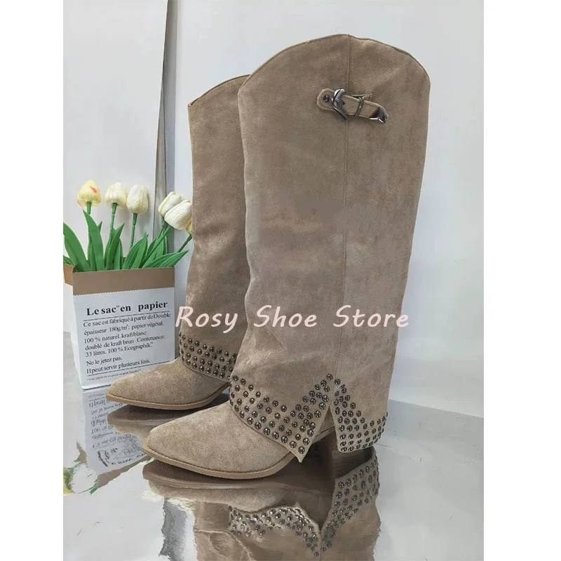 

New Suede Wedge Heel Pointed Toe Belt Buckle Design Trouser Boots Fashion Rivet Decor Autumn Winter Sexy Skirt Set Long Boots