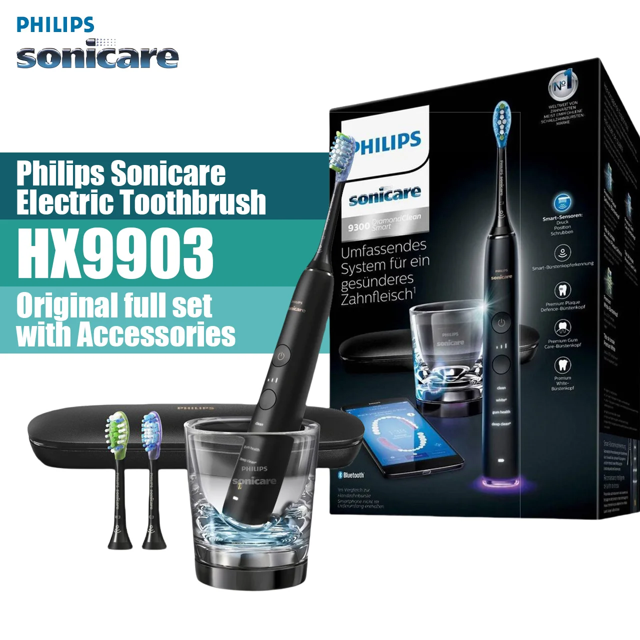 

Philips Sonicare DiamondClean Smart 9300 HX9903 Sonic electric toothbrush replacement head Black with app