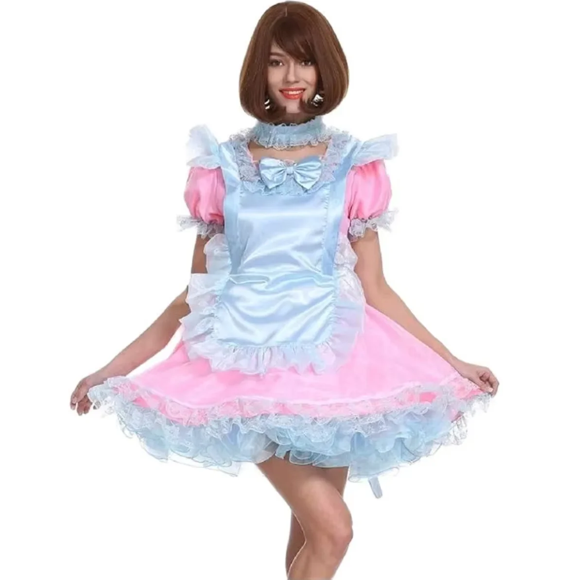 

French Sexy Adult Custom Fetish Cross Dressing Sissy Blue Pink Smooth Satin with Neck Loop Cuffs Lace Fluffy Skirt Hem Dress