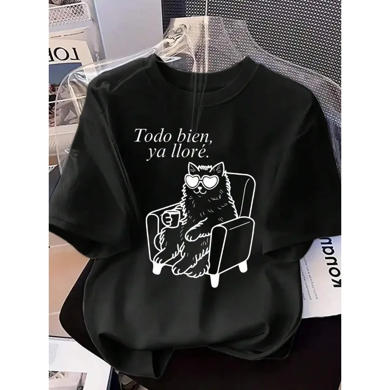 Women Cat Printed Round Neck T-shirt Cute Yet Sad Suitable for Summer Suitable for Cat Lovers Casual Women's Trendy Y2K T-shirt