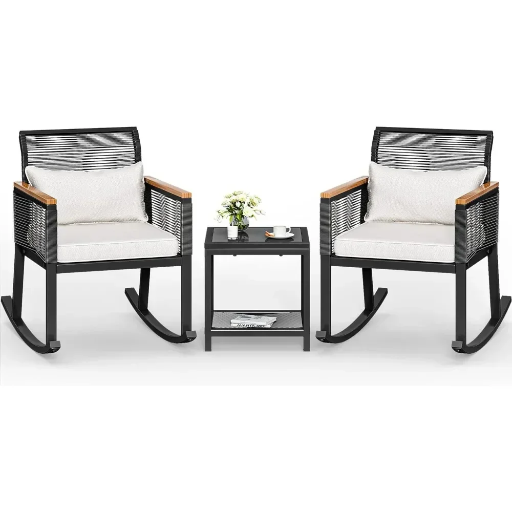 

3-Piece Patio Wicker Rocking Chair Outdoor Conversation Bistro Set with Wood Armrest and Soft Cushions for Balcony,Lawn (Black)