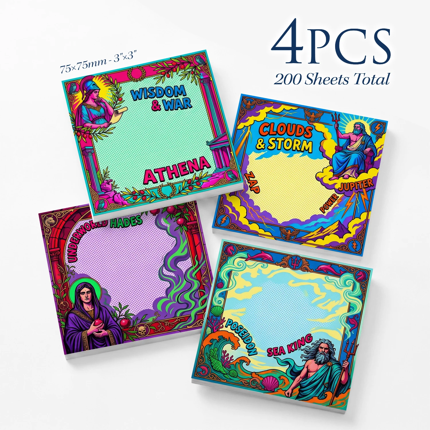 4pcs Greek Mythology Sticky Notes Set, Athena Jupiter Hades Poseidon Self Stick Memo Pads, 200 Sheets Total, Comic Art Notepads