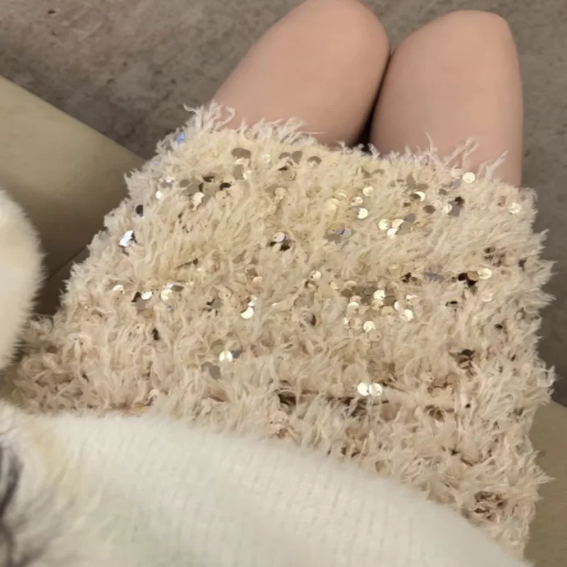 

Shiny Sequined Skirt Autumn Feather Casual Elastic Short Mini A-line Skirts For Club Streetwear