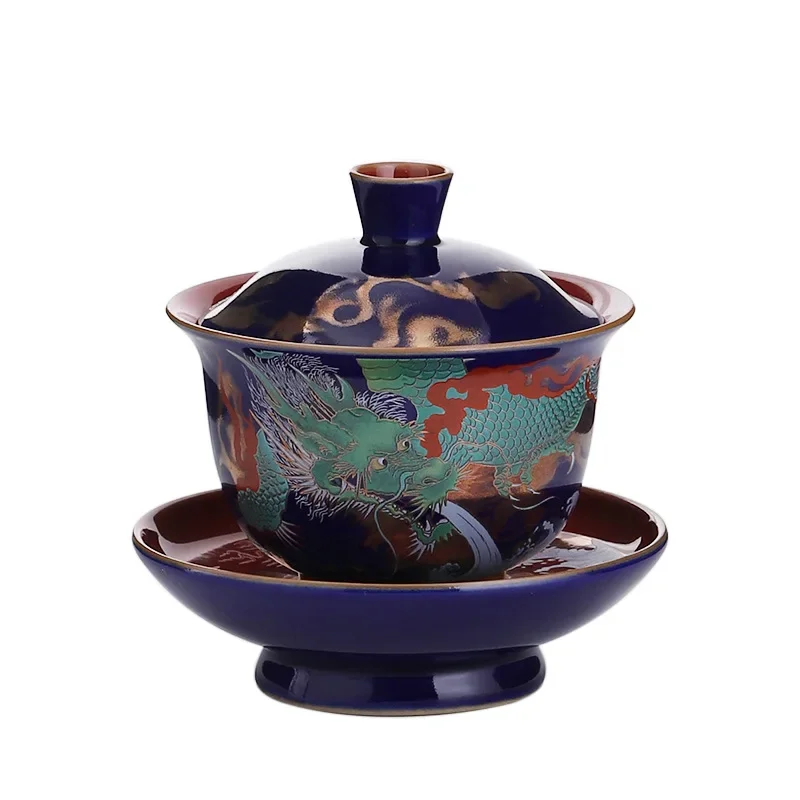 Ceramic Sancai Gaiwan Single Tea Bowl, Blue Glaze, Large Size with Lid, Household Kung Fu Tea Cup Set, Brewing, Chinese Dragon