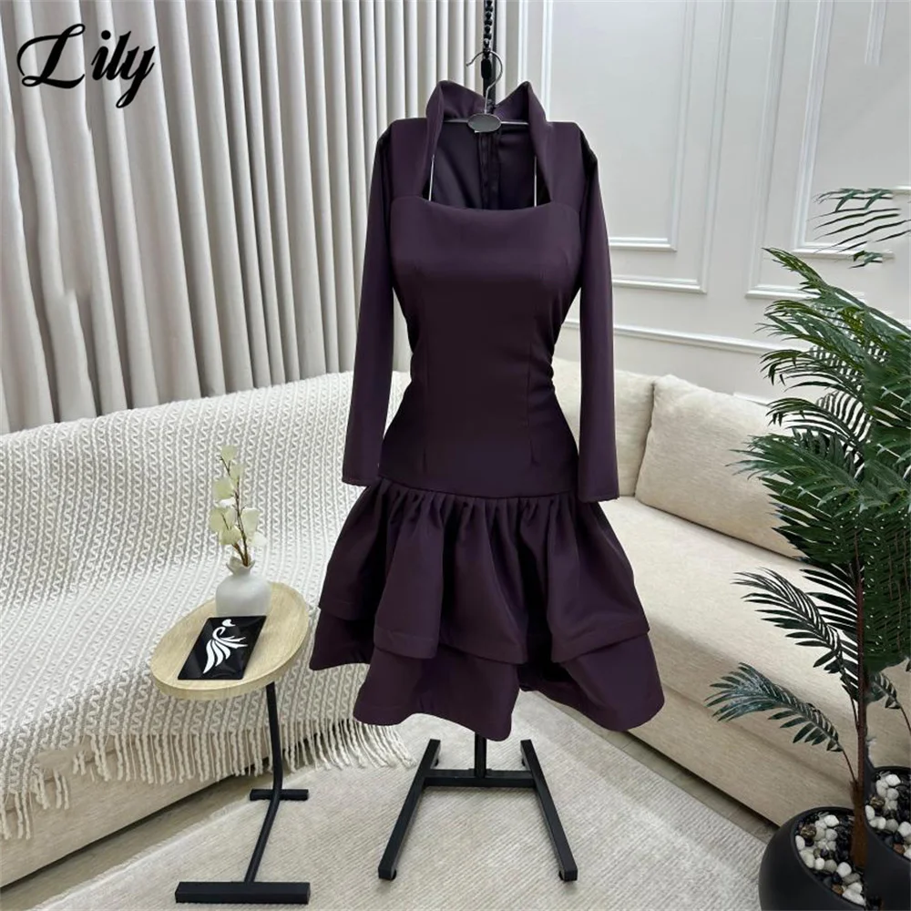 

Lily Dark Purple Evening Dresses Square Neck Formal Gown Long Sleeves Night Dresses with Layered Ruffle robe de bal Customized
