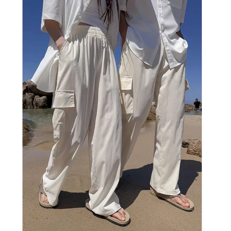 

Men's Elastic Waist Cargo Trousers Solid Color Side Large Pocket Casual Menswear Loose Cleanfit Wide Leg Male Pants P020