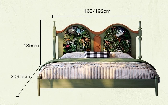 French Vintage Solid Wood Bed, 1.8 Meter Double Bed, Vintage Ash Wood Printed Upholstered Vintage Master Bed