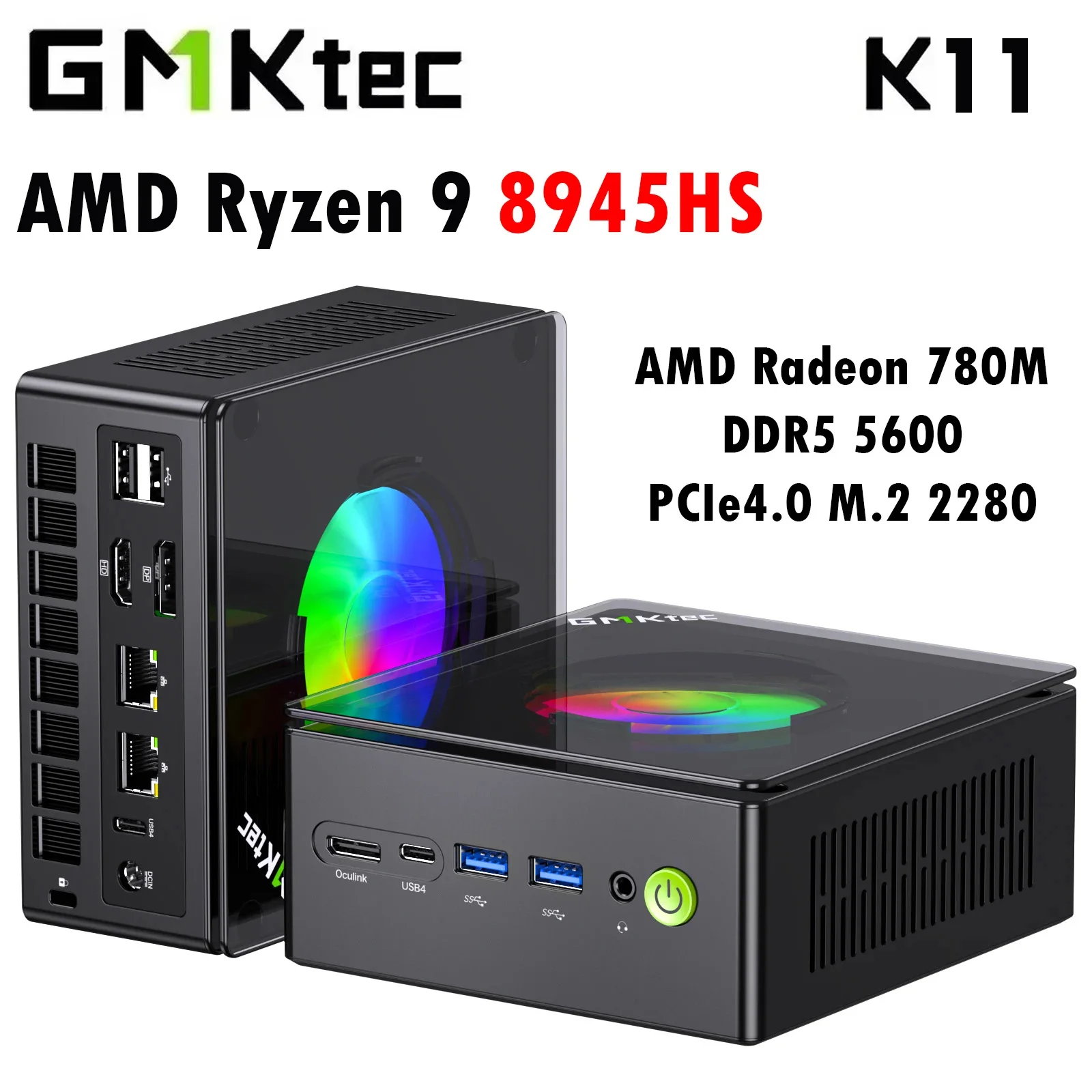 MINI PC GMKtec K11 AMD R9 8945HS DDR5 5600MHz SSD PCIe4.0 Pro Four Screen Display OCulink Desktop Gaming Computer