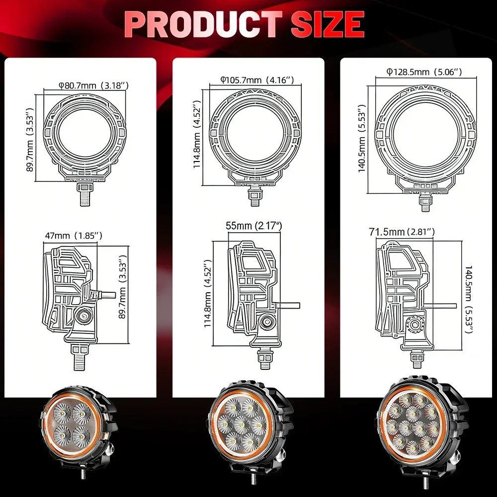 HAOLIDE 3/4/5 Inch LED Work Light  Dual Color Amber DRL Full Ring Angel Eye Offroad Fog Lamp Driving Light off-road use 12V 24V