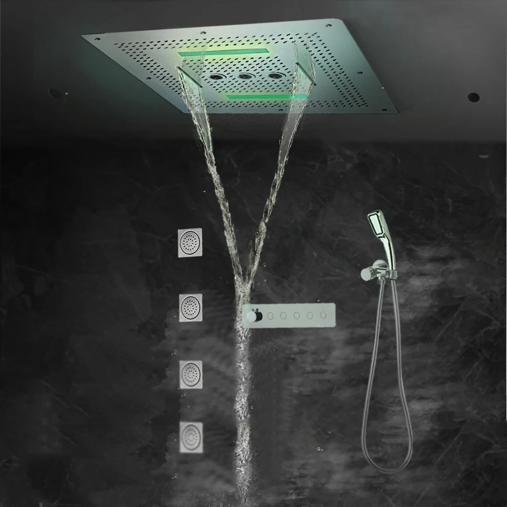 

Luxury Concealed Shower System with LED Ceiling Rain Shower Head Thermostatic Push Button Valve Waterfall Mist Massage Jets