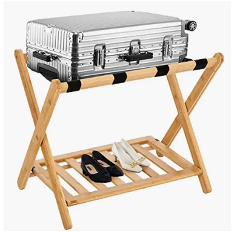 

Hot Selling Custom 2 Tiers Wooden Folding Baggage Luggage Rack Hotel Room Bamboo Suitcase Stand With Black Straps