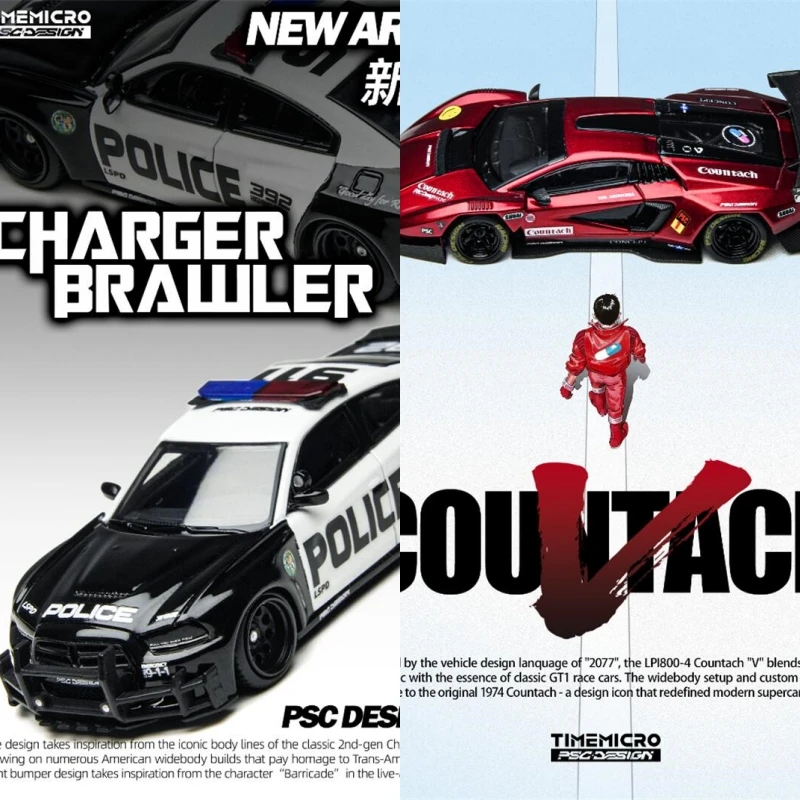 Time Micro × PSC DESIGN 1:64 Countach "V" Scarlet Red/Carregador "Brawler" Polícia Diecast Modelo de veículo de colecionador