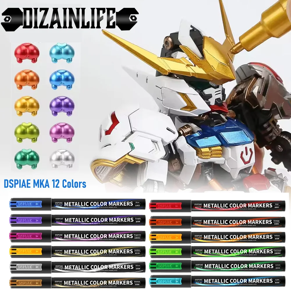 DSPIAE MKA 12 Colors Super Metallic Marker Brush Pen Water-based Soft Head paint for Gundam Mecha Model Making Hobby DIY Tool