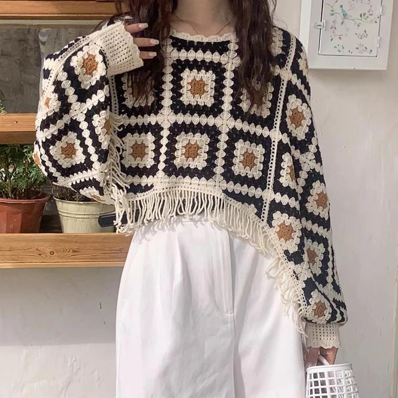 Granny Square Top Fringed Crochet Knitted Top Batwing Sleeve Pullover Sweater Women Teenage Girl Vintage Boho Festival Outfit