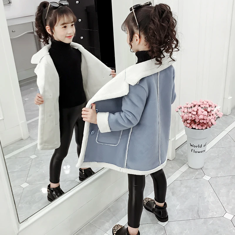 Girls Woolen Coat Winter New Sle Children's Korean Version Faux  Fur Lined Mid-Length Trendy Coat for Young Girls