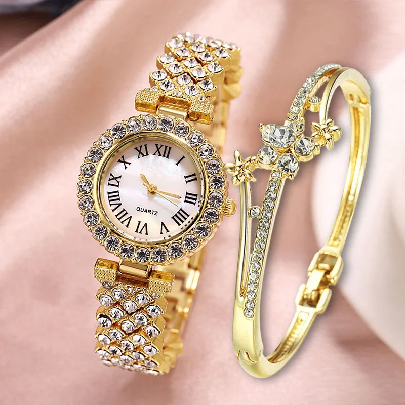 Luxury Golden Women Watch Flowers Fashion Ladies Quartz Diamond Wristwatch Elegant Female Bracelet Watches 2pcs Set Reloj Mujer