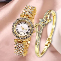 Reloj dorado de lujo para Mujer, pulsera elegante de cuarzo con diamantes, conjunto de 2 piezas