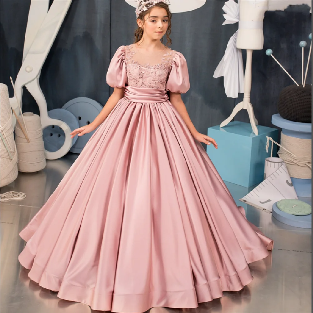 

Elegant Evening Dress Pink Princes Puffy A-Line Comunion Flower Girl Dresses Wedding First Communion Wedding Piano Performance