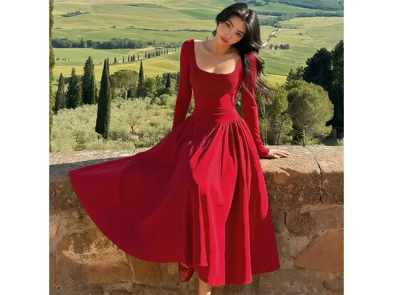 프렌치 빈티지 긴 소매 스퀘어 칼라 드레스 슬림 웨이스트 디자인 가을 신상 우아한 여성 미디 드레스 풀 슬리브