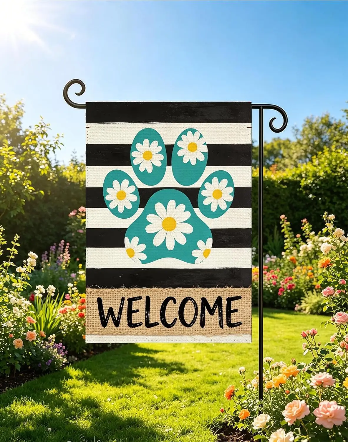 Welcome Daisy Paw Print Garden Flags for Outside, 12.5 x 18 Inch Double Sided Burlap, Black White Stripes Yard Flags, Rustic kkz
