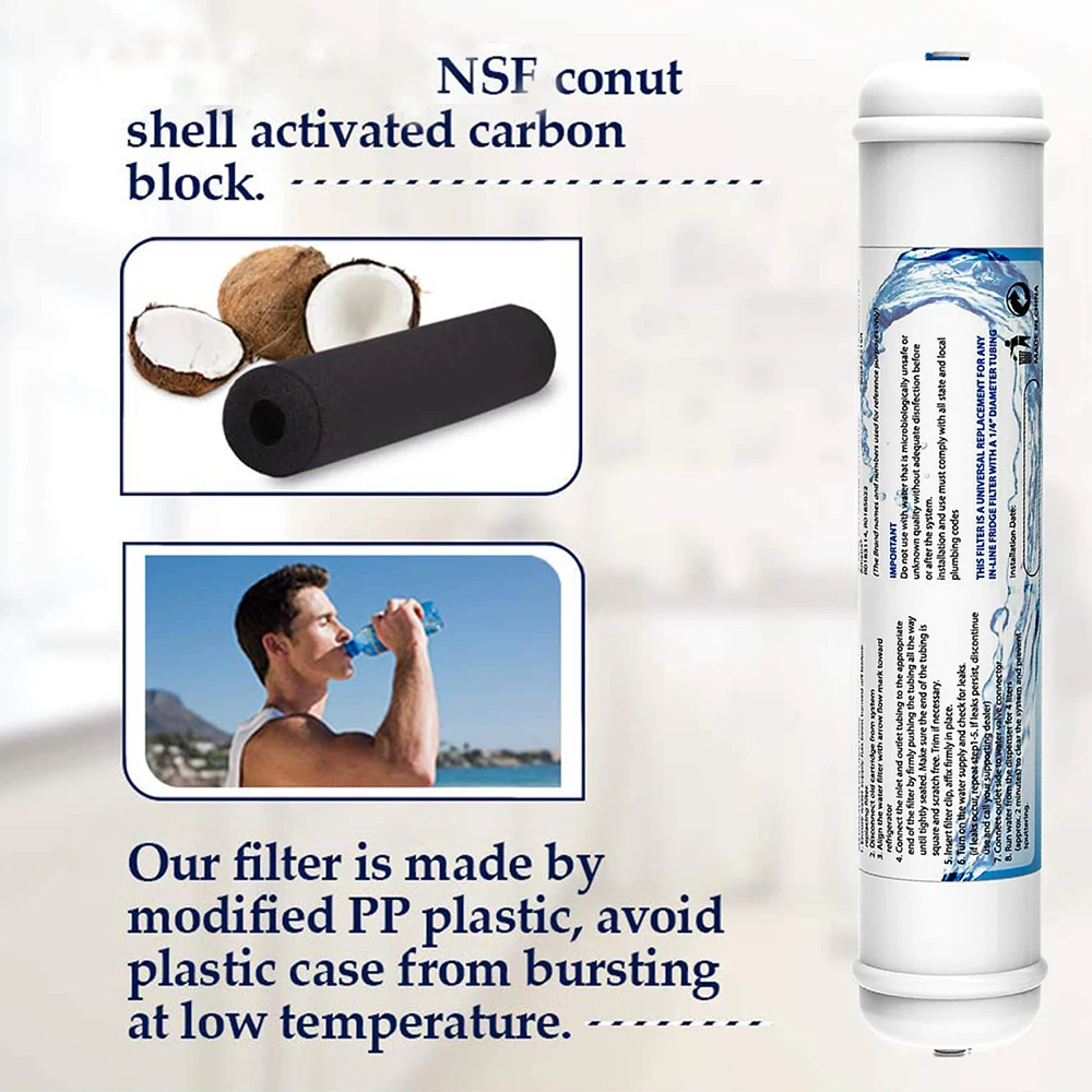 1/2 Pack, T33 Inline Activated Carbon Water Filter, 1/4' Quick-Connect Replacement Cartridges for Fridge, Ice Maker, Under Sink