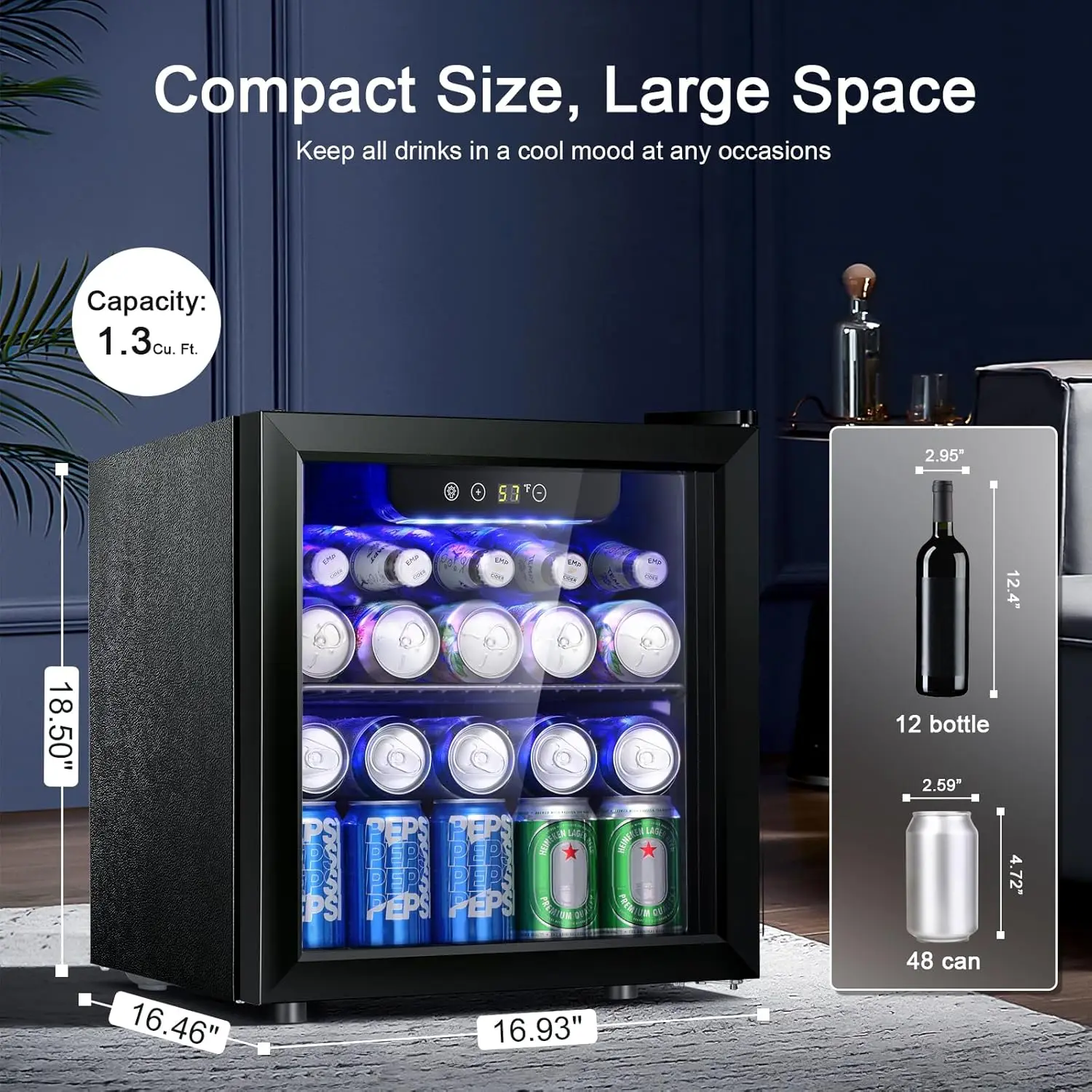 12 Bottle/48 Can Beverage Refrigerator, Wine Cooler/Cabinet, Mini Drink Fridge, Clear Front Glass Door Counter To