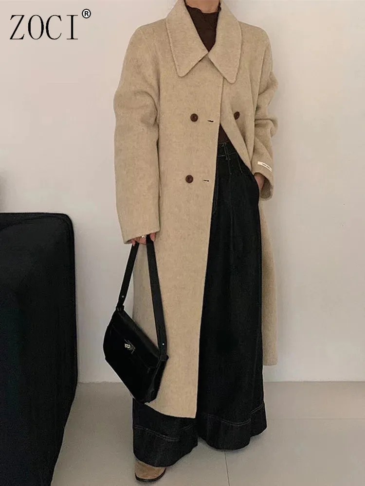 

ZOCI Office Lady Wool Coat For Women Lapel Double Breasted Thick Warm Long Outwear Fashion Clothes 2024 Winter New FC1226