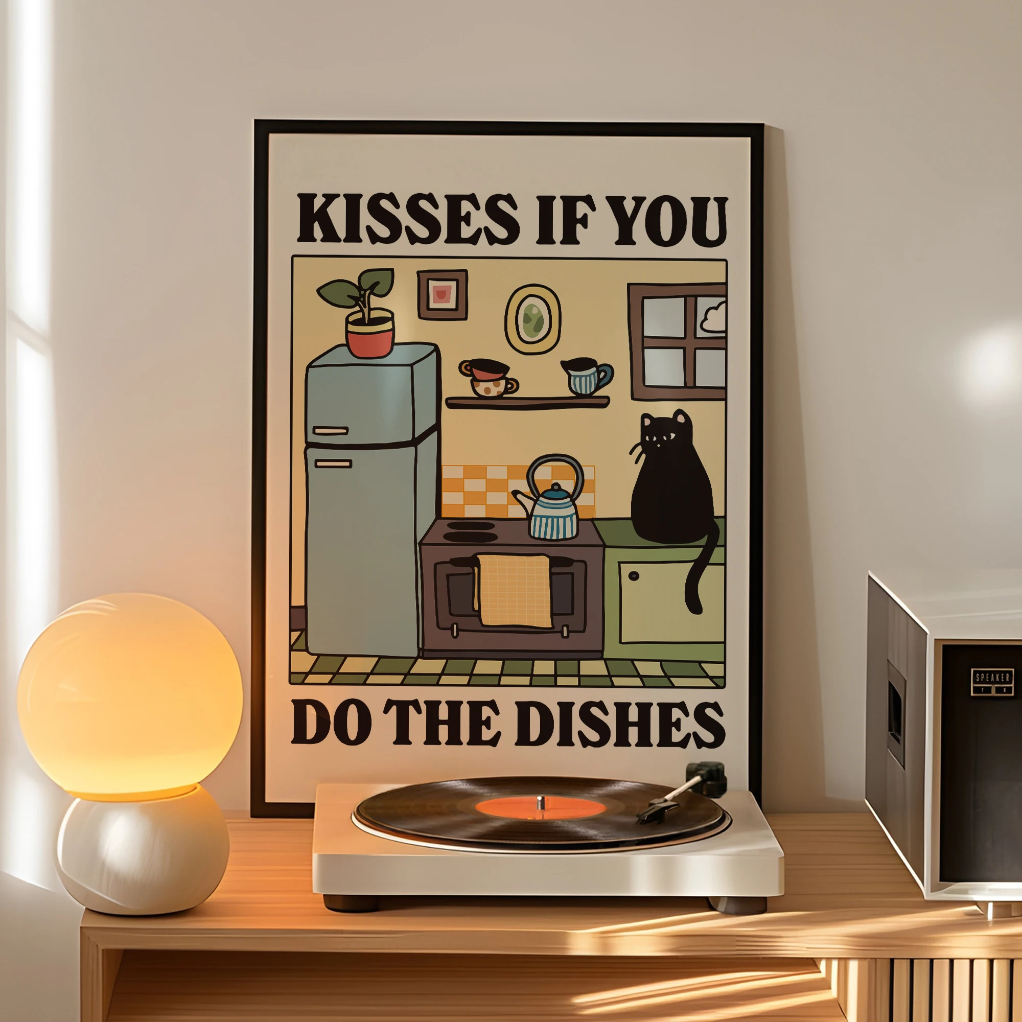 Kisses If You Do The Dishes Cartoon Cat Wall Art Prints Canvas Painting Poster Picture For Living Children Room Home Decor Gift