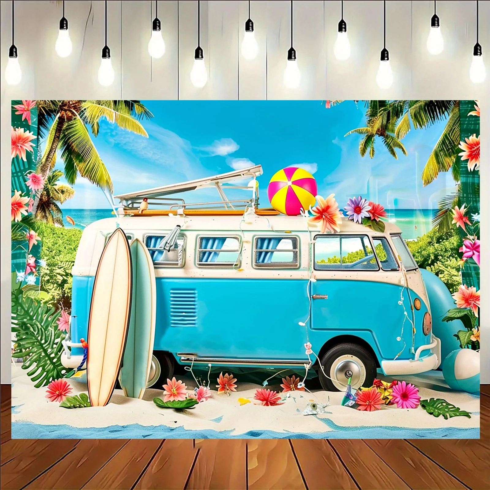 Summer Beach Party-Hintergrundbanner – Fotohintergrund aus Polyester mit tropischem hawaiianischem Thema und blauem Vintage-Van