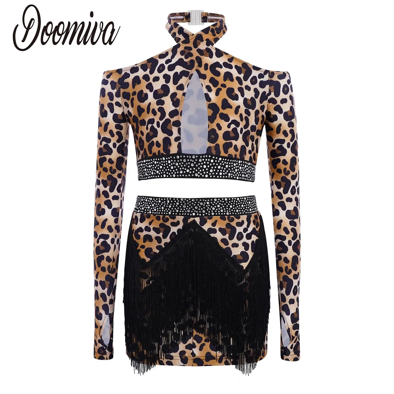 

Kids Girls Leopard Print Latin Dance Tango Cha-cha Salsa Rumba Outfits Dancewear Halter Long Sleeves Crop Top with Tassels Skirt