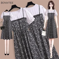 Sukienki damskie Patchwork Summer Tender Vestidos Fake Two Piece Femme Casual Ulzzang Preppy Style Retro Soft Party Elegant Young