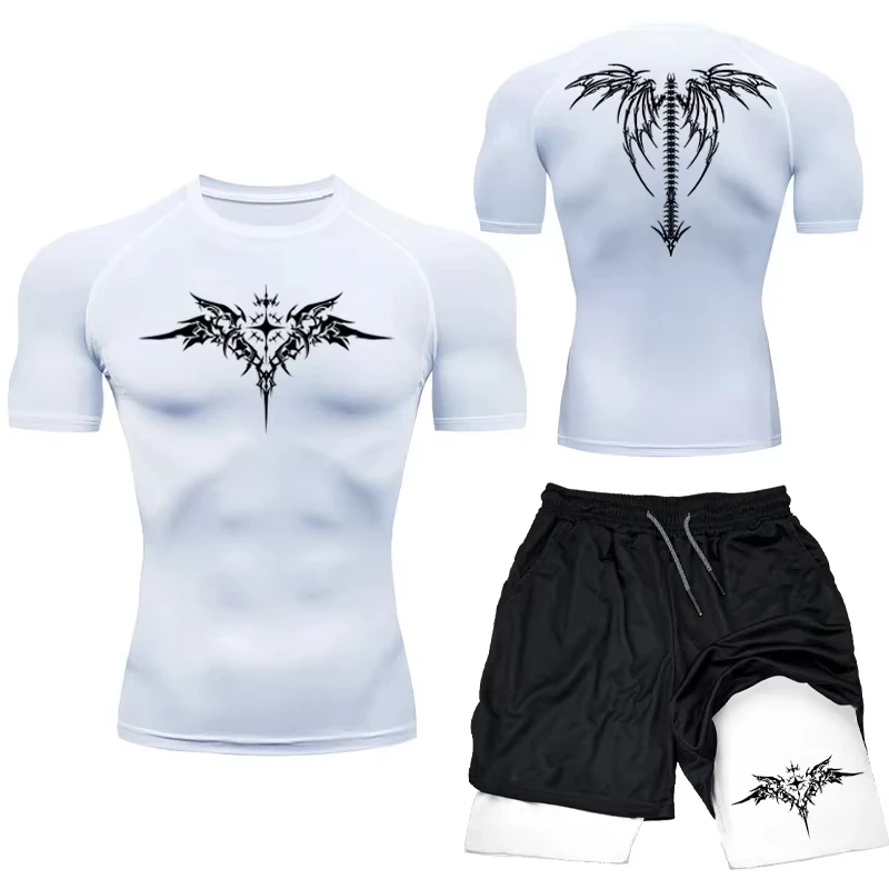 New Men's MMA Compression Athletic Set - Quick-Dry Gym Shorts + Running Workout Tight Rashguard 2-Piece Set RL0513 view 2