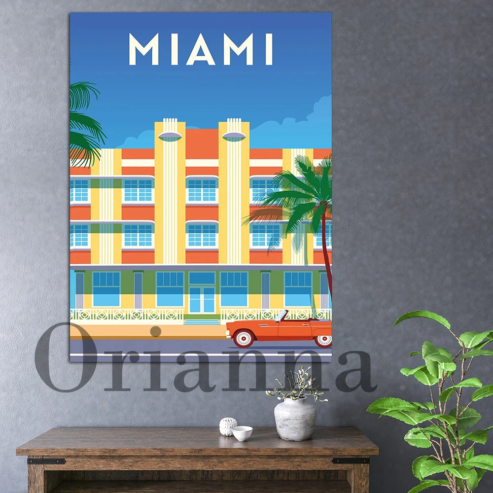 America Florida Miami Beach Car Retro Travel Wall Art Canvas Prints Posters Modern Living Room Bedroom Office Decor Painting