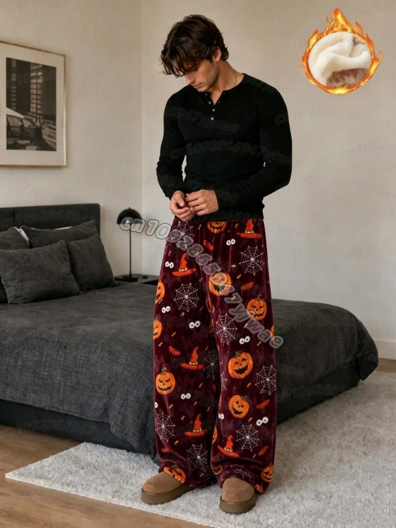 2026 Herbst HERREN Halloween Gruseliger Geist Kürbis Schlafanzughose, Gemütliche Plüsch-Loungehose, Pyjamahose – Detail 6