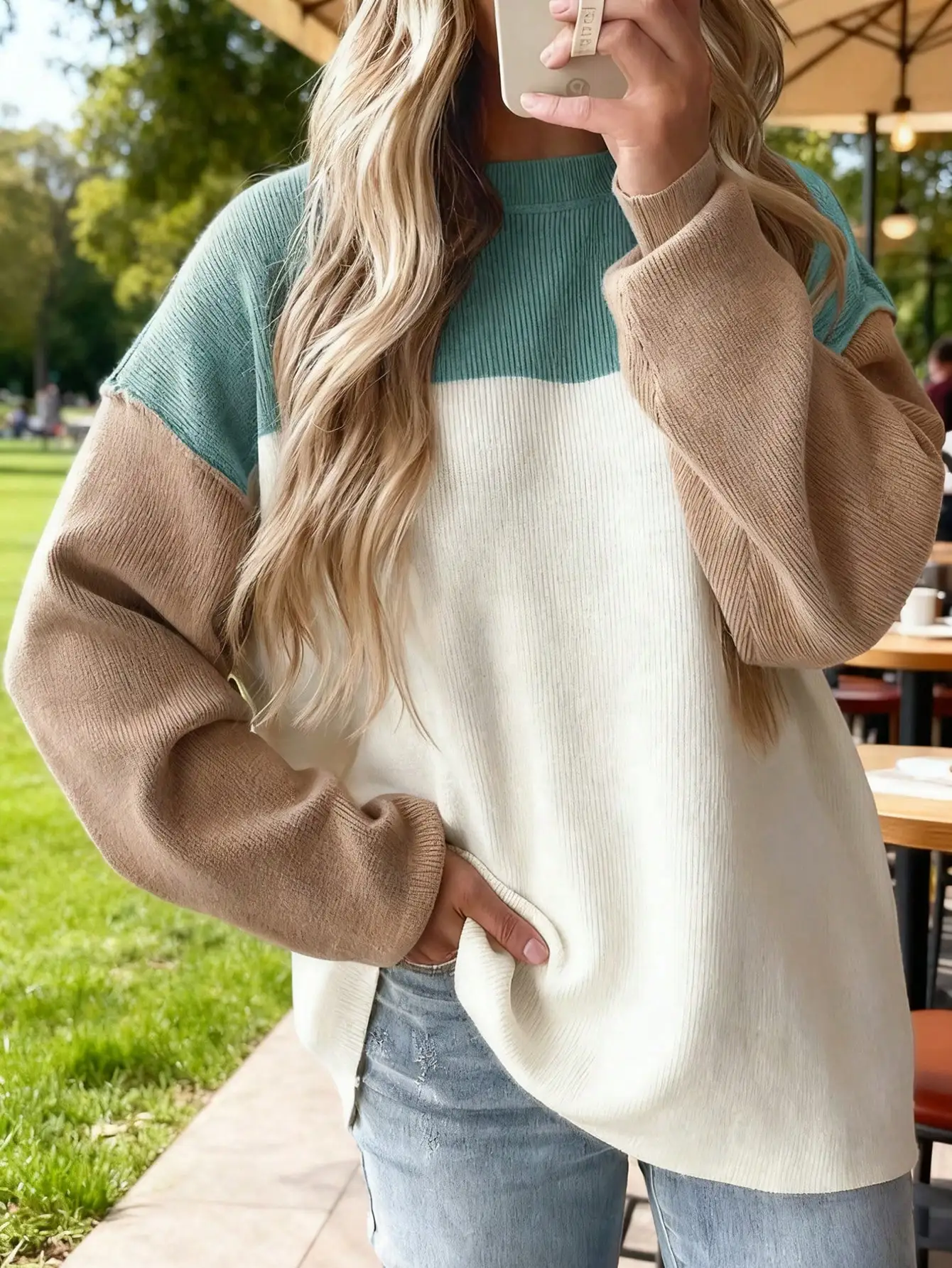 

Women's Color Block Ribbed Knit Loose Fit Long Sleeve Crew Neck Sweater for Fall Winter