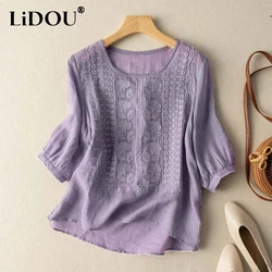 Summer Round Neck Embroidery Vintage Short Sleeve Shirt Women Casual Fashion Cotton Linen Pullover Top Ladies All-match Blouse