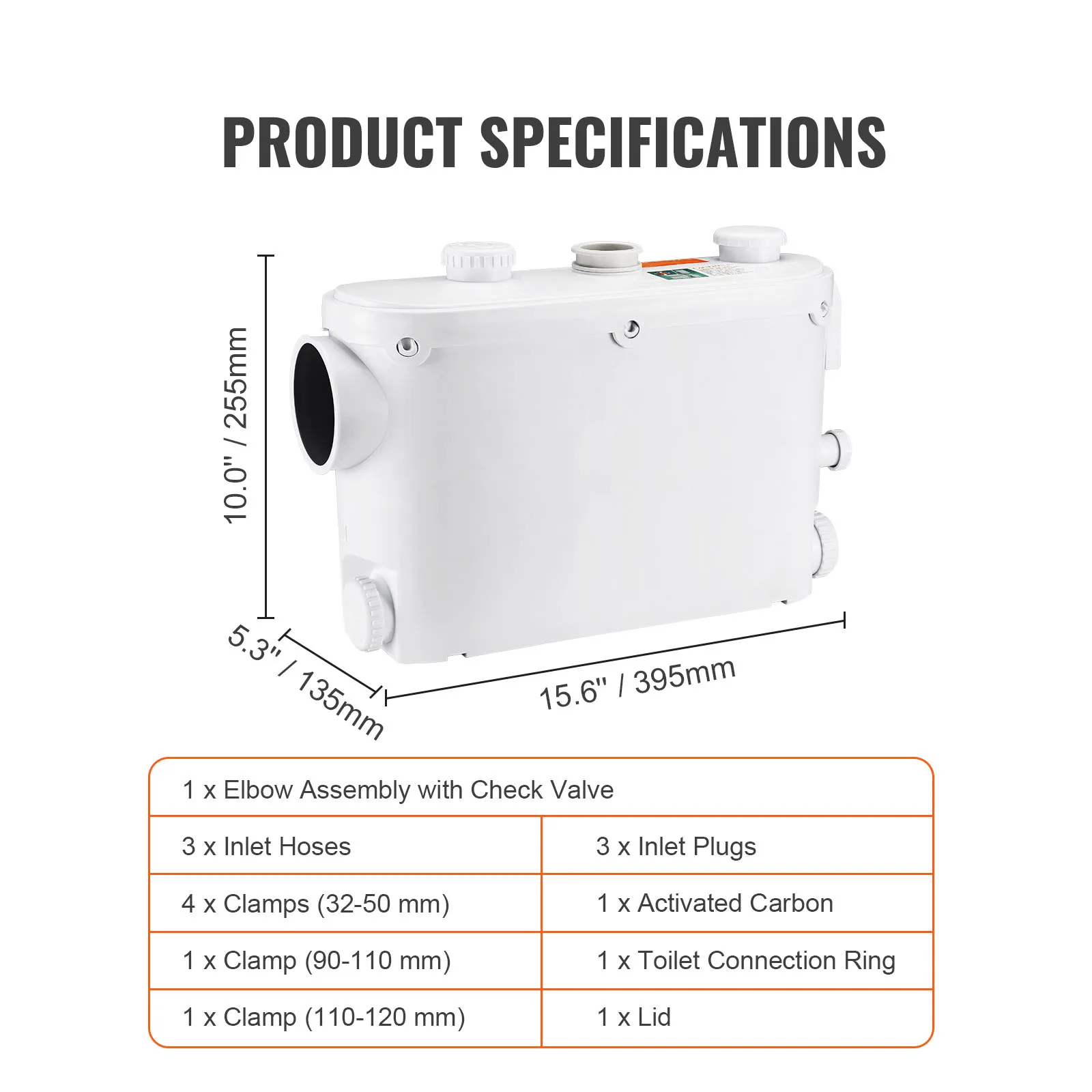 SucceBuy Macerator-pomp 500 W 29 GPM stroom 26 ft/8 m kop wandhangende toiletpomp, 4 waterinlaten afvalwaterafvoer upflush-machine