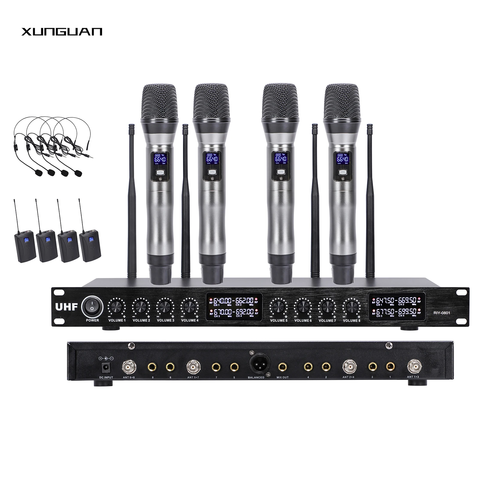 

RIY-0801 Hot Selling 8 Channels UHF Without IR Wireless Microphone System with Metal Handheld/Headset/Lavalier/Conference Mic