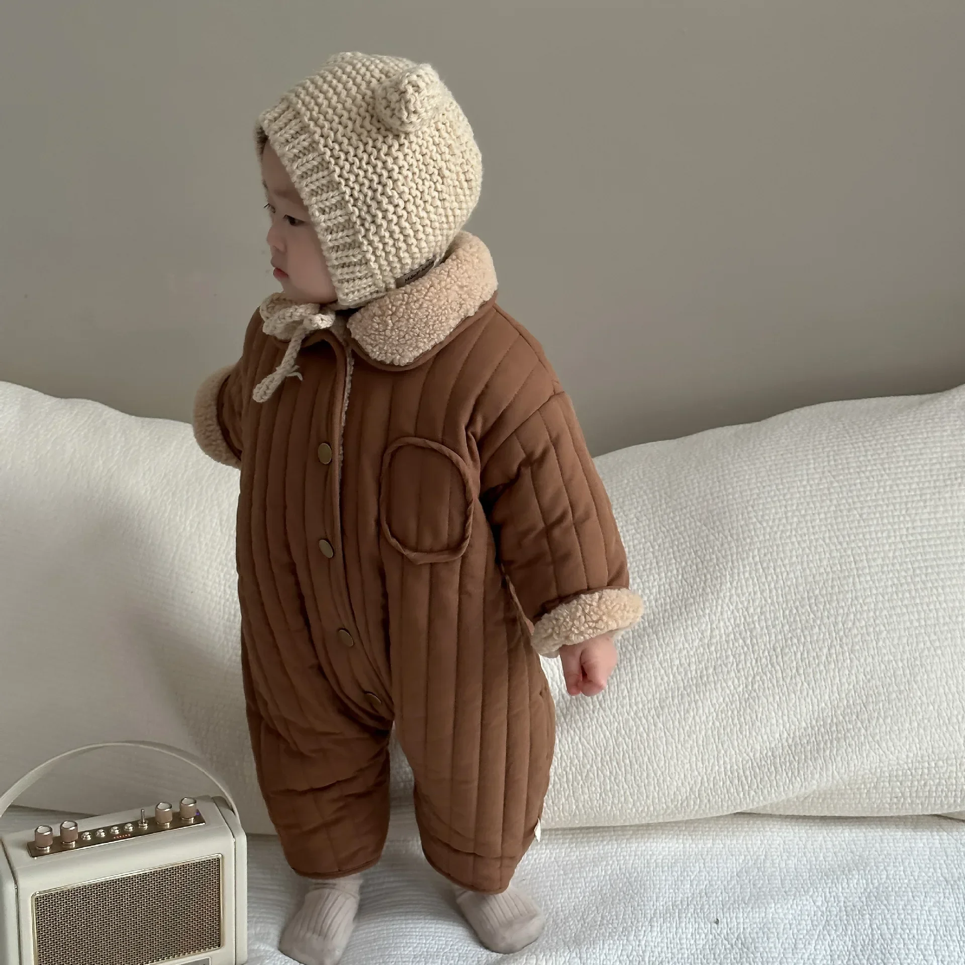 Autumn Winter Toddler Retro Cardigan Plus Velvet Lapel Romper Girl Baby Cotton Thicken Warm One-piece Boy Infant Fleece Jumpsuit