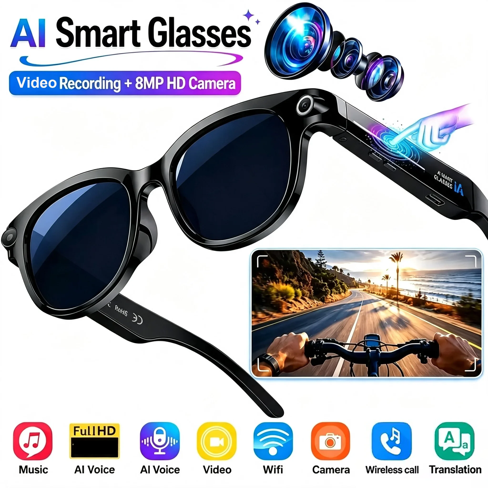 800W Pixel Camera Smart Glasses Video Recording AI Photo Recognition Bluetooth Call Voice Translation Sunglasses For Men Women