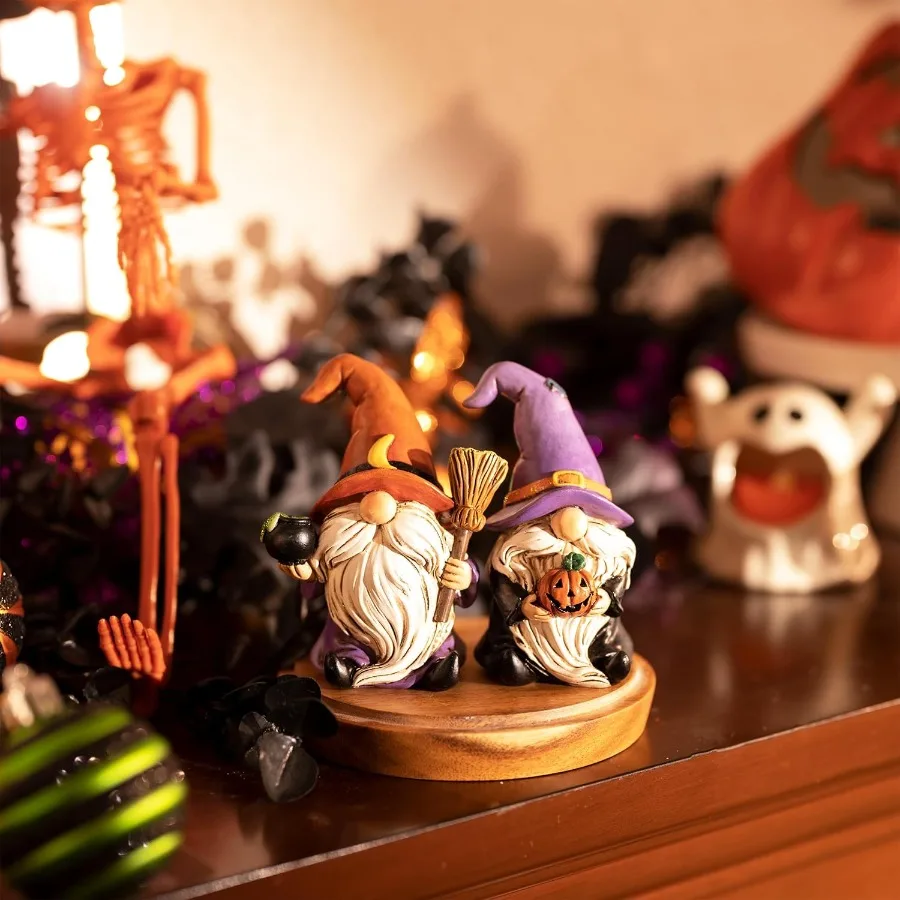 التماثيل هالوين tions داخلي 2 قطعة جنوم الراتنج ديكور للمنزل مع قبعة الساحرة مكنسة جاك يا فانوس القمر هالوين التماثيل El