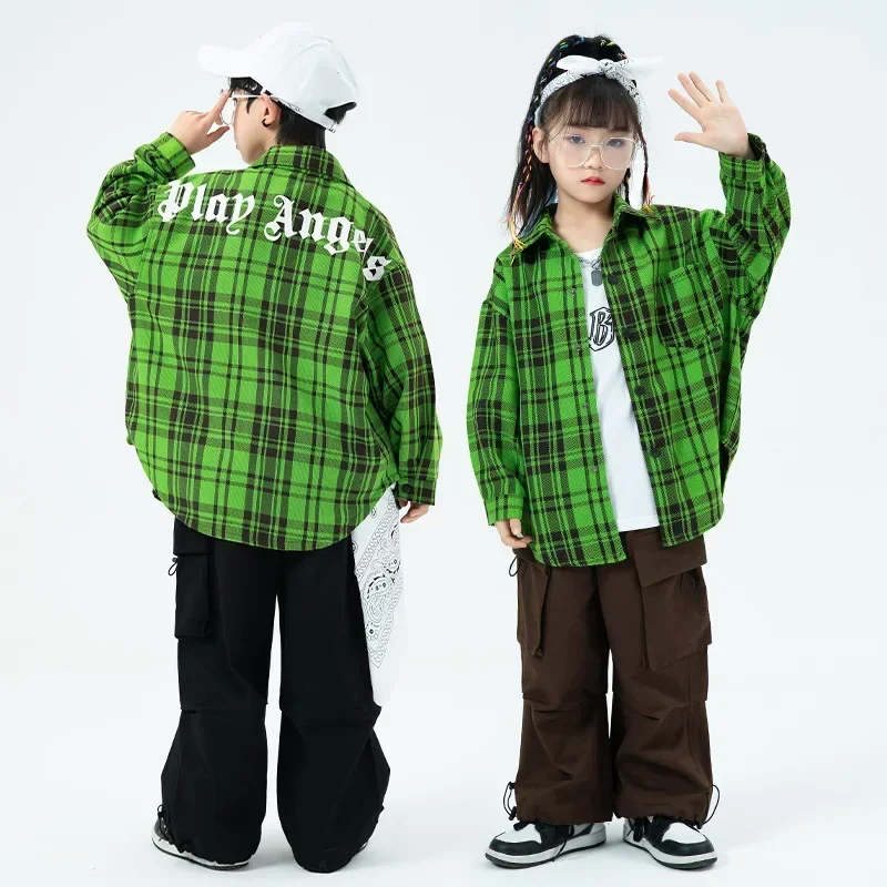 Hip-hop Children's Clothing Girls Kpop Stage Outfit Plaid Shirt Casual Cargo Pant Set Boys Jazz Dance Drum Performance Costumes